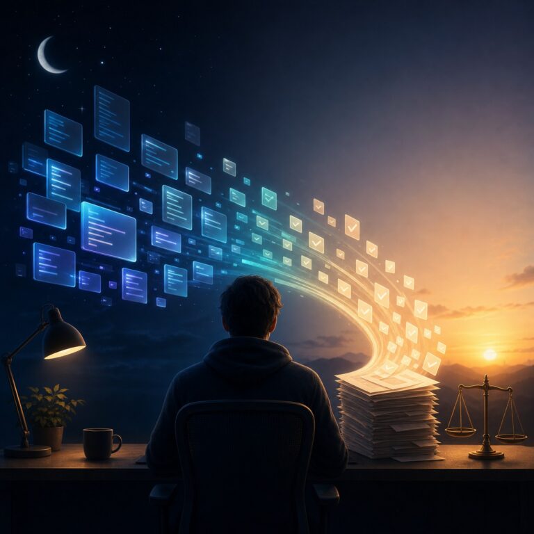 AI 코딩 생산성과 개발자 피로의 균형을 표현한 개발자와 검증 작업 일러스트