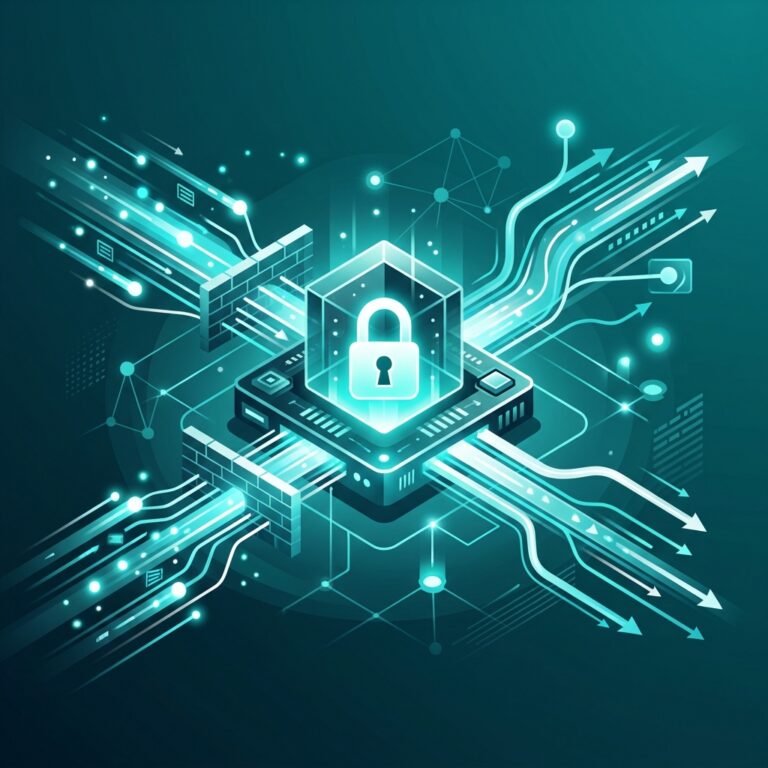 Caddy 웹서버의 자동 HTTPS 및 리버스 프록시 아키텍처를 추상적으로 묘사한 모던 그래픽 일러스트