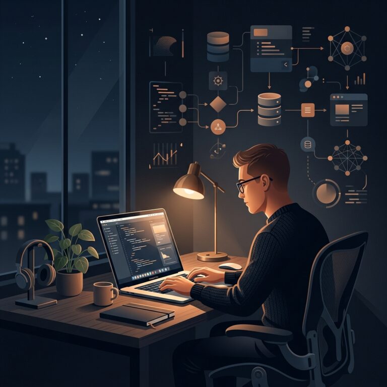 회사 다니면서 창업을 준비하며 AI 도구를 활용하는 현대적인 1인 창업가의 작업 모습