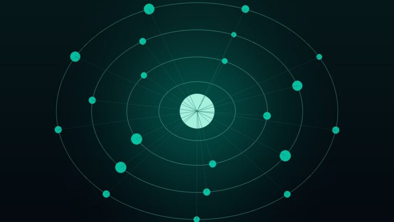 중심 노드를 여러 궤도가 둘러싼 청록색 AI 모델 추상 일러스트